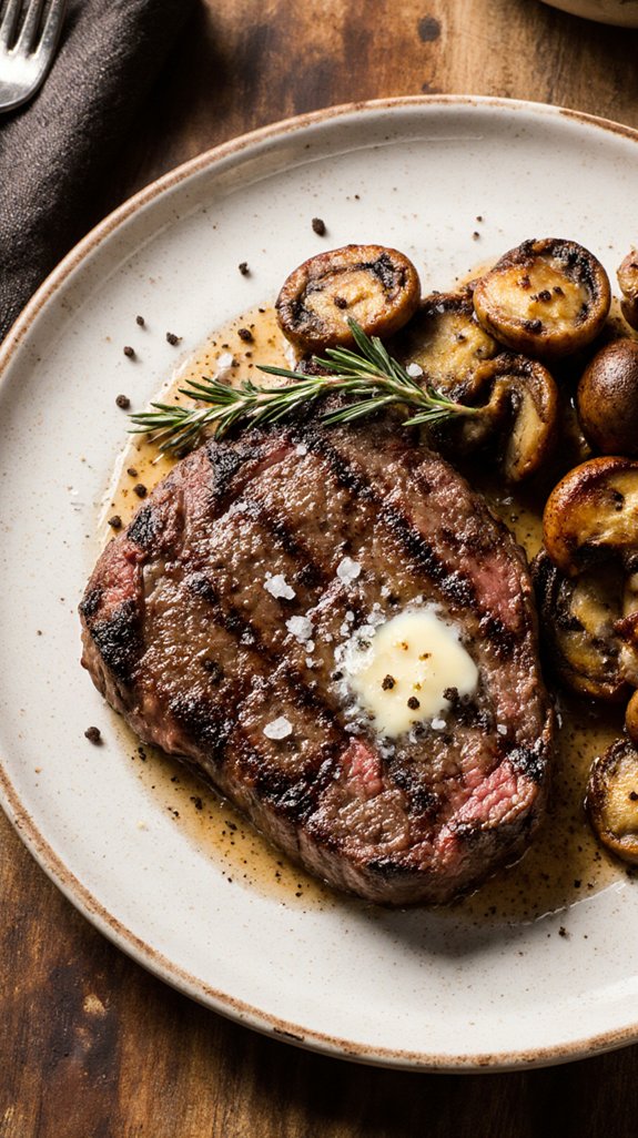 grilled ribeye with buttery mushrooms
