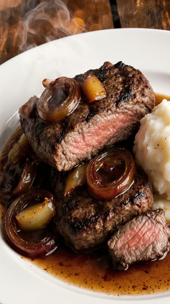 sizzling steak with caramelized onions