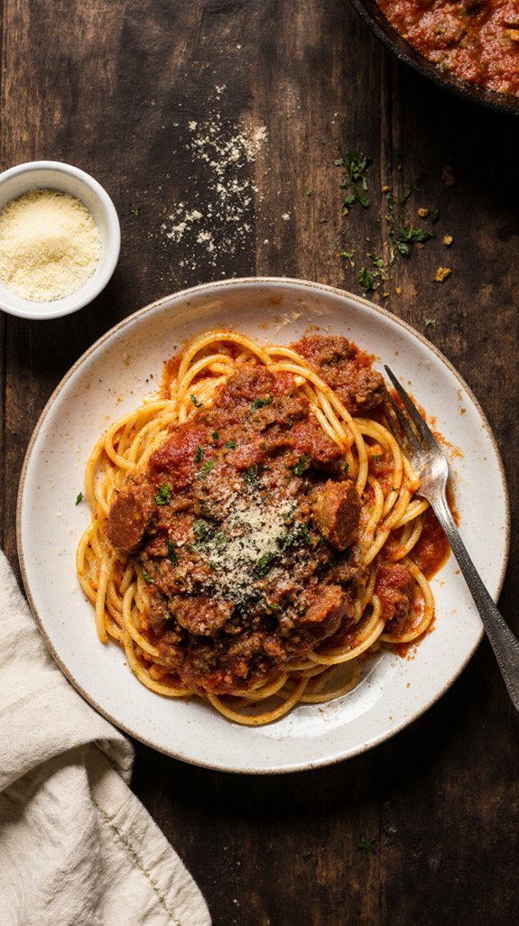three meat spaghetti dish