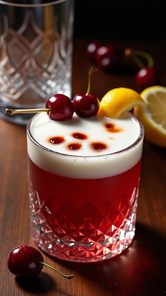 cherry infused bourbon sour cocktail