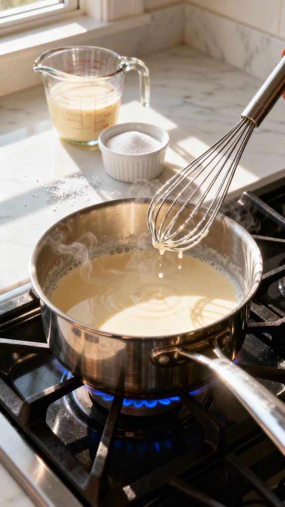 heat eggnog and milk carefully