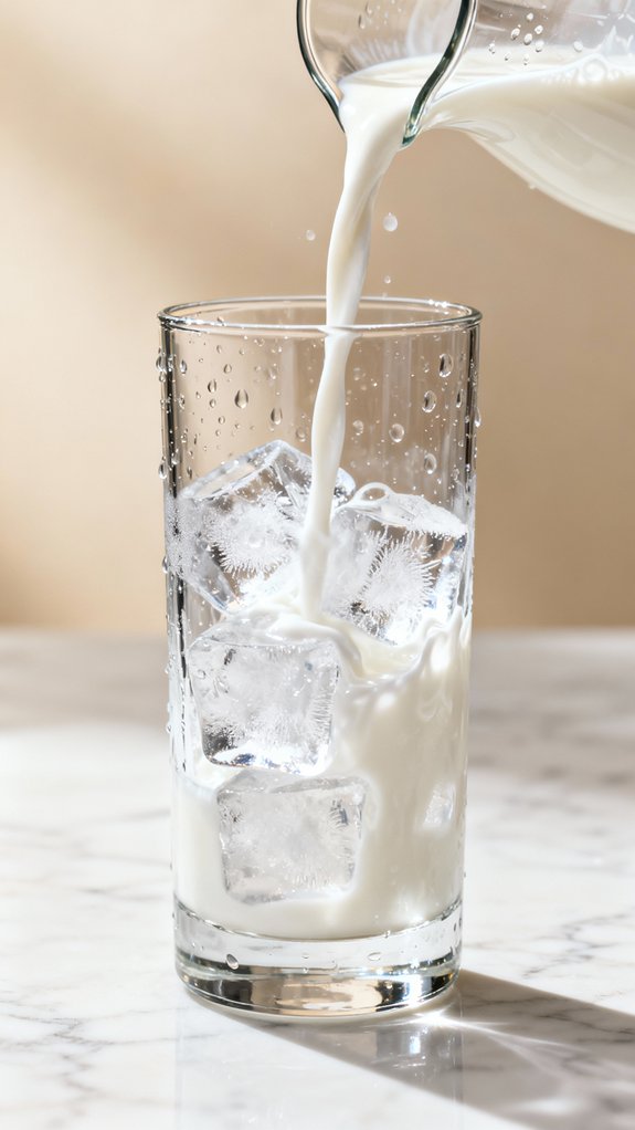 pour milk gently over ice