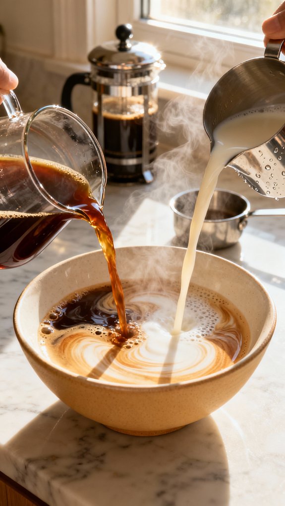 simultaneous coffee and milk pour